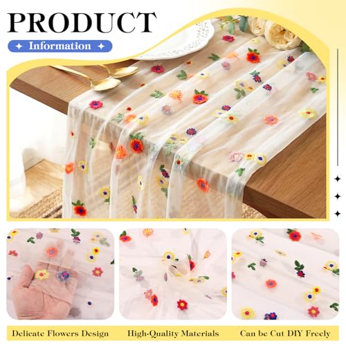 4 Pack Embroidery Floral Table Runner Rustic Spring Summer Wildflower Tulle Table Runner Vintage Flower Tabletop Runners Decoration for Home Wedding Party, 108 x 25 inch (Multicolor Flowers) - color: Multicolor Flowers-4, size: 108*24.5 inch