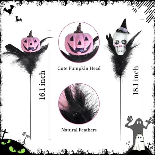 4PCS Halloween Decoration Pumpkin Artificial Floral Picks, Pink Pumpkin Skull Feather Halloween Branches Decorations for Vase Home Indoor Party Décor - color: Pumpkin & Skull 4pcs