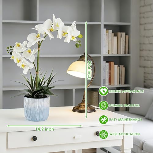 Orchid Artificial Flowers 20.6" White Fake Orchid Flowers in White Ceramic Pot Faun Orchid Plant for Home Decor Office Bathroom Table Centerpiece Indoor(White#1) - color: White-light Blue