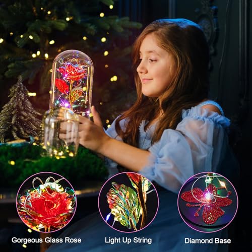 Gifts for Mom Birthday Gifts for Women Red Rose Eternal Flower USB Light Up Rose in Glass Dome Anniversary Flowers for Delivery Prime Galaxy Crystal Flowers Gifts for Mom Women Wife Grandma - color: Usb-red