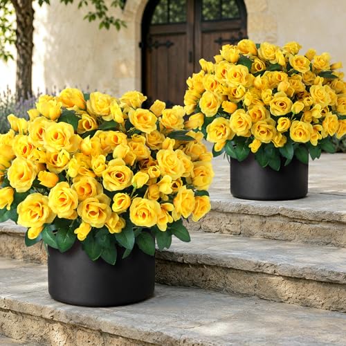 Juxdp 2 Set of Artificial Rose Topiary Trees - Faux Silk Flower Potted Plant, UV Resistant Fake Outdoor Rose Bush for Front Door, Farmhouse, Porch, Garden Decor (Yellow) - color: Yellow