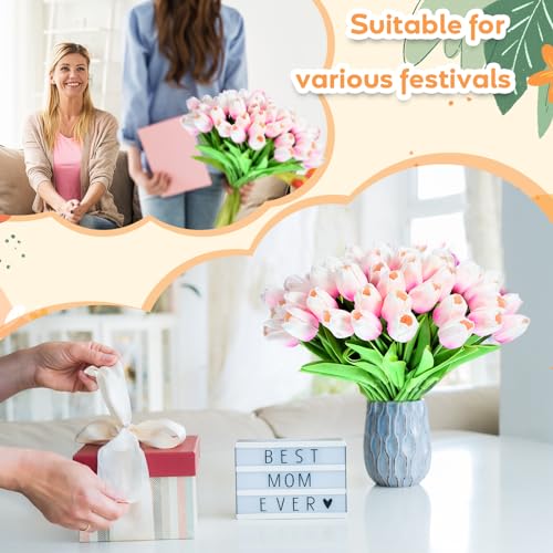 Jexine 100 Pcs Artificial Real Tulips Fake Artificial Tulip Flower Bulk Bouquet with Stem for Table Centerpieces Wedding Bridal Easter Mother's Day Garden Home Decor, 13.4''(Light Pink) - color: Light Pink