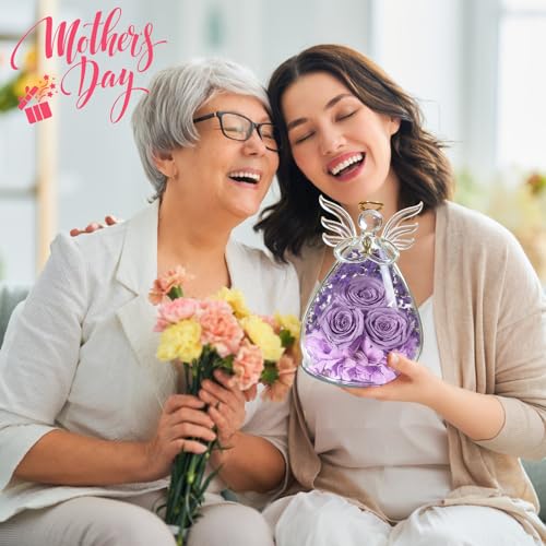Beferr Gifts for Mom Birthday Gifts for Women, Fresh Flowers for Delivery Forever Preserved Rose in Glass Angel Figurine, Anniversary Christian Real Rose for Grandma Wife Mother from Daughter Son - color: H Lavender Purple
