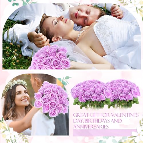 Jexine 50 Pcs Artificial Rose Flower Bulk Realistic Silk Fake Roses with Long Stem Plastic Artificial Flower Bouquet Real Looking for Home Wedding Centerpieces Party Decoration(Light Purple) - color: Light Purple