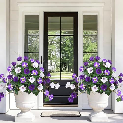 Elyum 2 Pack Artificial Flowers Topiary Ball Trees for Outdoors, 19.7" Lifelike Morning Glory Fake Bushes Plants, UV Resistant Fake Plants Faux Shrubs with Ground Spike for Porch Garden Decor (Purple) - color: Mixed Purple