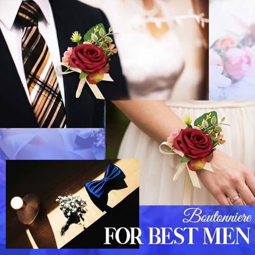 Burgundy Rose Groom Boutonniere for Men Prom Wedding (Burgundy) - color: Red