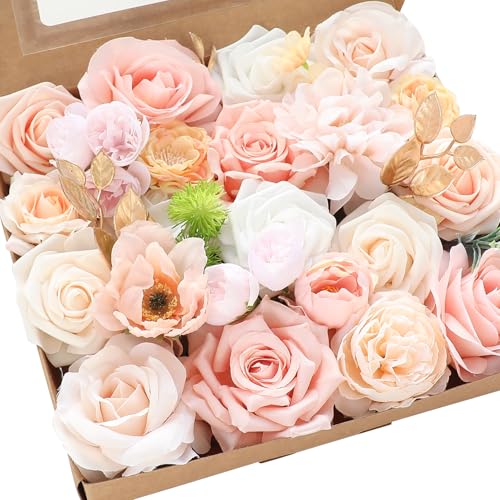 Floroom Blush Peach Pink Artificial Flowers Cream Fake Roses Peonies and Greenery Combo Box Set for DIY Wedding Bouquets Bridal Shower Centerpieces Floral Arrangements Party Tables Home Decorations - color: Blush Peach Dream