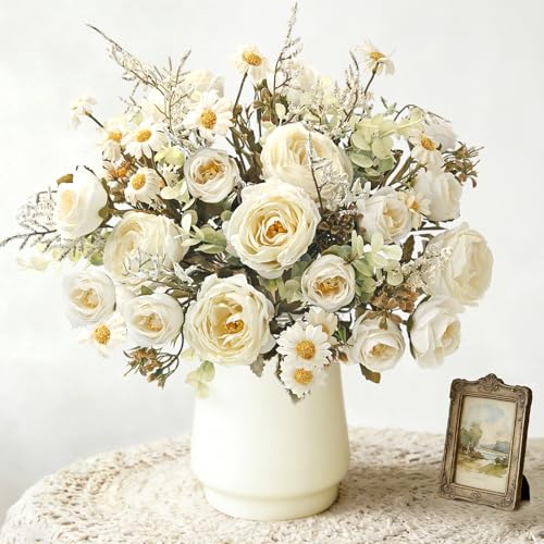 Fake Roses Artificial Flowers 6 Pack White Roses Artificial Flowers for Decoration Vintage Roses Silk Mini Rose with Daisy Floral Bouquet for Vase Centerpiece Table Wedding Party Bridal Decor - color: Cream White, size: 6PCS