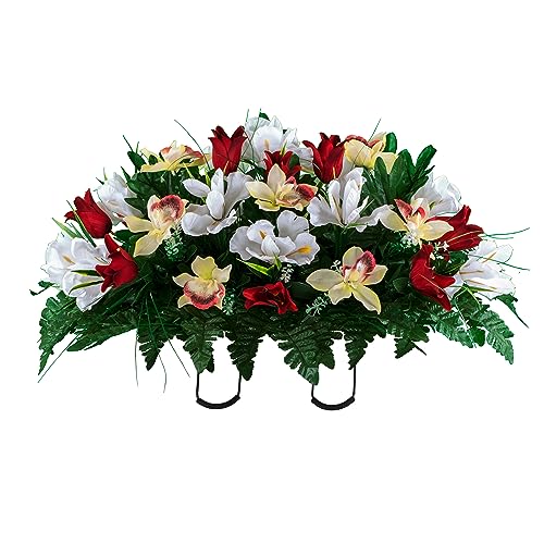 Sympathy Silks Artificial Cemetery Flowers - Grave Decoration - Red Tulips and White Iris (1) Headstone Saddle - color: Red/White, size: (1) Saddle