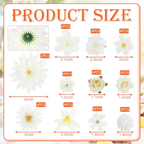 LACGO 48 PCS Faux Flowers Heads Bulk - Artificial Rose Daisy Heads Silk Fake Flower DIY Cake Blossom Wreath Garland Bouquets for Graduation Wedding Crafts Bridal Party Baby Shower Decoration(White) - color: White