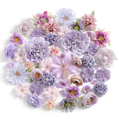Artificial Flowers Heads Combo Purple Flowers Mix Silk Flowers Heads Bulk Faux Rose for Craft Garland Graduation Cap Wedding Bridal Baby Shower Home Party Decoration DIY Cake Decor - color: Purple