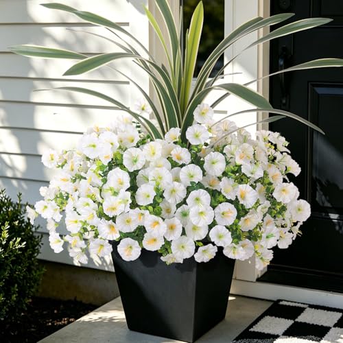 INXUGAO Artificial Flowers for Spring Outdoors Fake Plants Outside, 12 Bundles Silk Morning Glory with Eucalyptus UV Resistant Realistic Faux Flowers for Porch Planter Garden Patio Decor (White) - color: White