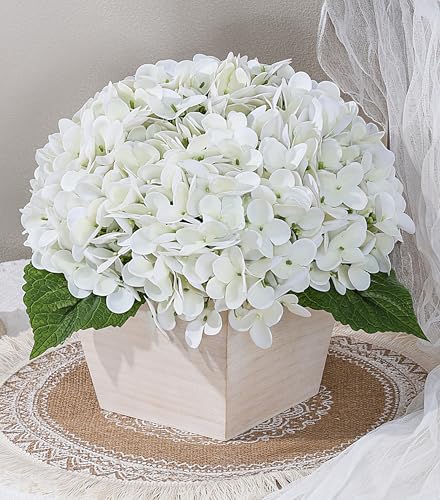 Artificial Hydrangea Flowers Arrangement in Wood Planter, 4PCS Fake White Flowers in Wooden Vase Potted Floral Centerpieces for Tables Living Room Home Office Room Shelf Kitchen Decor - color: White Hydrangea