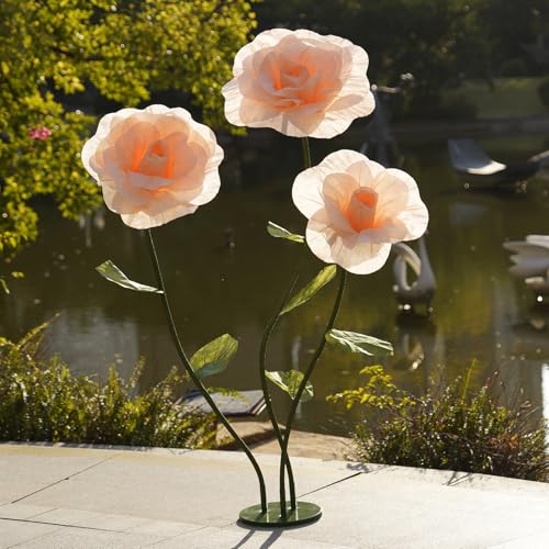 Giant Roses Artificial Flowers for Decoration with Stand,Oversized Handmade Paper Rose Decoration for Wedding,Party,Window Display,Photography Prop,Valentine’s Day & Event Decor(Champagne) - color: Champagne
