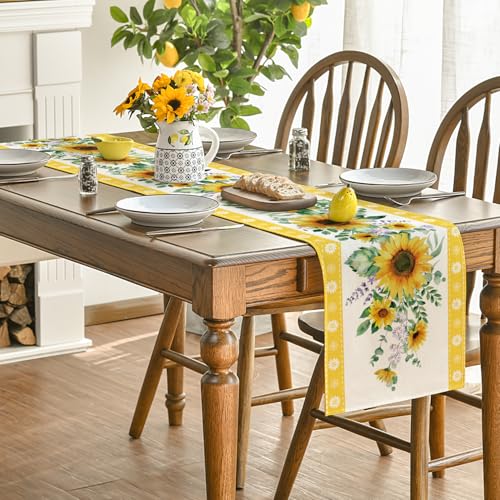 Artoid Mode Sunflower Leaves Flowers 210 GSM Summer Table Runner, Seasonal Kitchen Dining Table Decoration for Home Party Decor 13x90 Inch - size: 13" x 90", Table Runner