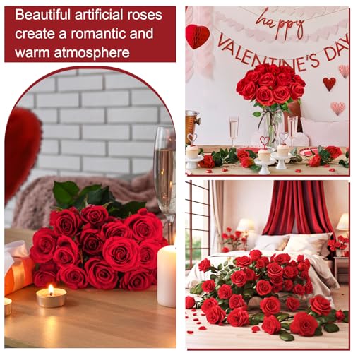 Ouddy Decor 20 Pcs Red Roses Artificial Silk Flowers Fake Roses Bouquet with Long Stems for Mother's Day Decor Wedding Home Party Table Centerpieces Bridal Bouquet DIY Floral Arrangment, Red - color: Red, size: 20 Packs