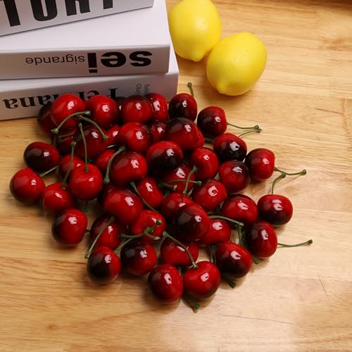 50PCS Simulation Cherry Fake Fruit Red Cherry is Used for Home Dining Table, Kitchen, Fruit Ornaments, Glass Jar Filler and Fruit Basket Supplement - color: Dark Red Cherry