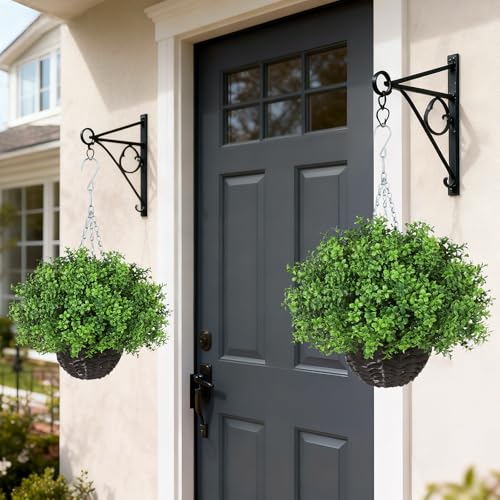 YXZZWL Artificial Boxwood Hanging Basket - 2 Sets with Baskets, Hanging Plants Faux Shrubs, Suitable for Porch, Eaves, Farmhouse, and Garden Decoration for Outdoor UV-Resistant Ornaments