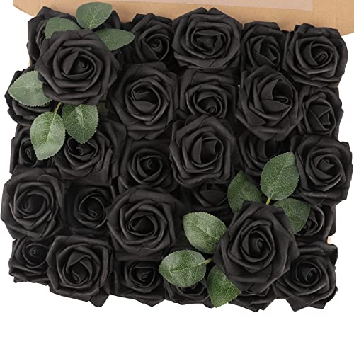 MACTING Artificial Black Rose Flowers 30PCS Real Touch Fake Flowers with Stem Foam Roses for DIY Wedding Bouquet Gifts Table Centerpieces Party Bridal Shower Home Spring Mothers Day Decorations - color: Black, size: 30PCS