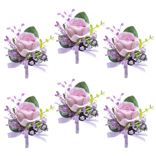 Marriwise 6pcs Light Purple Boutonniere for Men, Artificial Silk Rose Flowers Wedding Groom Groomsmen Boutonniere for Wedding/Anniversary/Prom/Rustic Wedding/Homecoming (Light Purple) - color: Light Purple