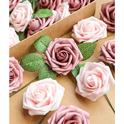 AmyHomie Artificial Flower Warm Taupe & Nude Rose 25pcs Real Looking Fake Roses w/Stem for DIY Wedding Bouquets Centerpieces Arrangements Party Baby Shower Valentines Day Christmas Tree Decorations - color: Warm Taupe & Nude