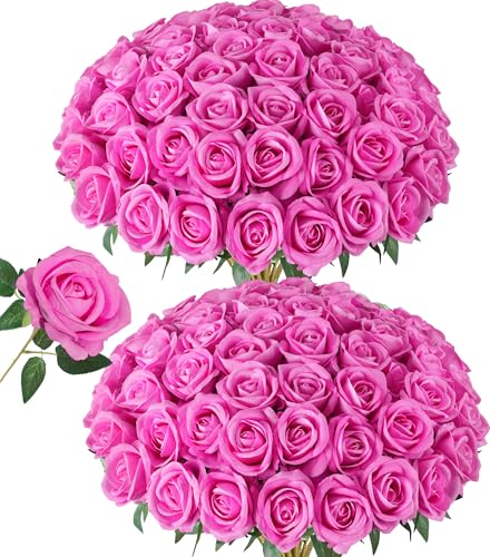 HyeFlora 50 PCS Roses Artificial Flowers, Fake Roses with Stem Realistic Hot Pink Silk Rose for DIY Wedding Bouquets Table Centerpieces Arrangements Baby Shower Birthday Home Decor for Her - color: Rose Red