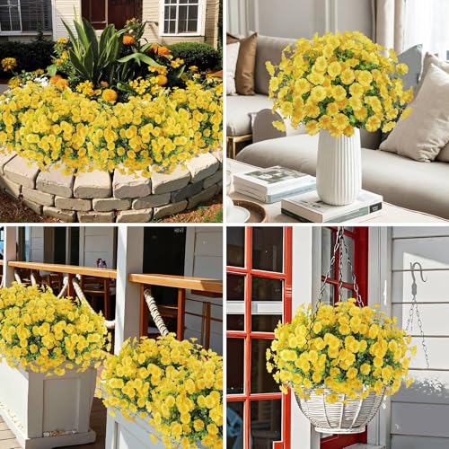 Ouddy Decor 24 Bundles Artificial Flowers for Outdoors Decoration Fake Silk Morning Glory Flowers Faux Eucalyptus Plants UV Resistant for Porch Patio Garden Spring Summer Home Decor, Yellow - color: Yellow