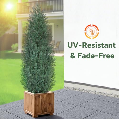 4Ft Artificial Cypress Trees (Set of 2) Outdoor Indoor, Realistic Faux Potted Cedar Trees with UV Protection, FakeTopiary Trees in Cement Pot for Entryway Patio Porch Garden Office Home Decor - size: 4FT