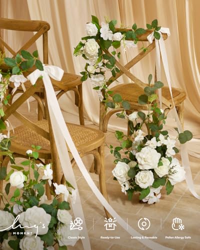 Ling's moment 17.5" Tall Free Standing Artificial Flowers Arrangements 2 pcs Wedding Aisle Runner Chair Decorations White Sage Centerpieces for Ceremony Reception Eucalyptus Rose Floral Party Outdoor - color: Wht- White & Sage