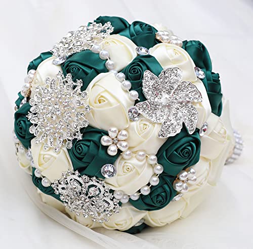 Sharebeauty 7.9 Inch Handmade Satin Rose Bridal Bouquet Toss Round Wedding Bouquet Throw Toss Artificial Flower Bunch Deep Green + Ivory - color: W3217d25 Deep Green/Ivory