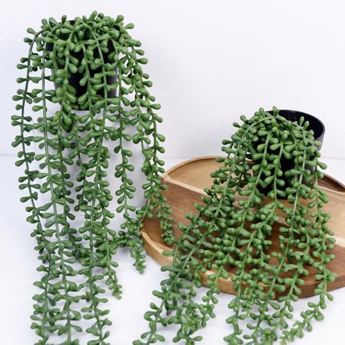 Artificial Hanging Plants for Shelf, 2-Pack Fake Potted Greenery Faux String of Pearls in Black Pot, Décor for Office Living Room Bathroom Indoor Outdoor - color: 2-pack String of Pearls