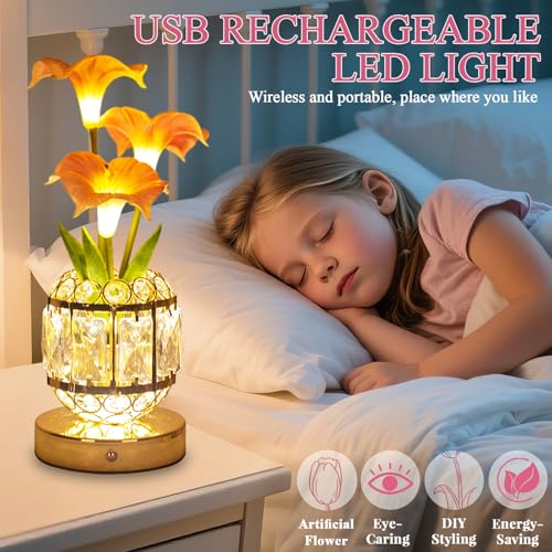 Flower Table Lamp, 3-Color Dimmable Artificial Flowers Night Light, Rechargeable Cordless Small Desk Lamp, Morning Glory with Crystal Vase for Party Date Home Decoration (Pink - Morning Glory) - color: Pink - Morning Glory