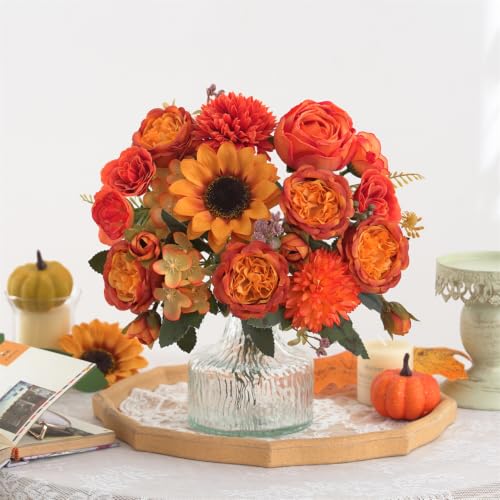 4 Pcs Mixed Autumn Artificial Peony Flower Set-2 Bouquets & 2 Stems, Orange Yellow Fake Peony Sunflower Rose Silk Flower for Fall Table Centerpiece Farm Wedding Thanksgiving Halloween Home Decor - color: Orange & Yellow, size: Mixed 4pcs