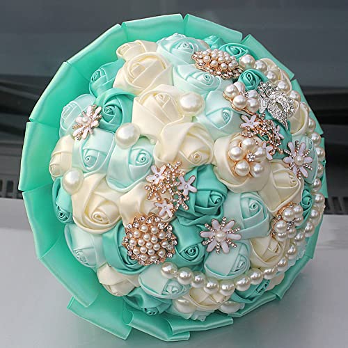 Mint Green and Ivory Bridal Wedding Bouquet with Rhinestone Brooch Pearl Bouquet for Bride Bridesmaid Quinceanera Satin Rose Flower Bouquet Wedding 7.1in - color: Mint Green & Ivory, size: Diameter: 7.1 inches