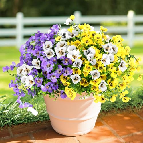 Geegoods Artificial Flowers for Outdoor, UV Resistant Faux Silk Pansy Flowers with Butterfly Accents, Realistic Fake Plants for Planters, Window Boxes & Grave Decor (Mix 3 Colors, 24Pcs) - color: Purple White Yellow, size: 24PCS