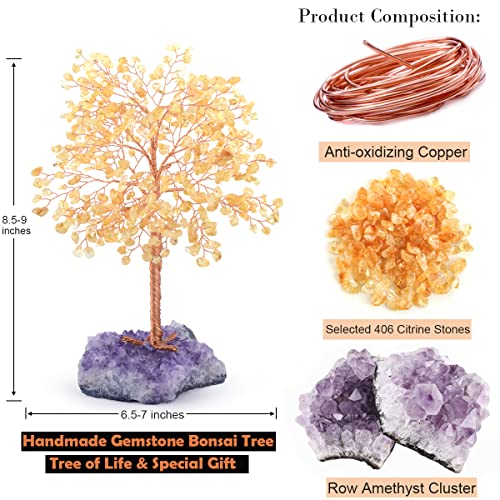 Gemstone Crystal Tree of Life,Natural Citrine(406 Stones Count) with Amethyst Cluster Base,Chakra Healing Crystals Positive Energy Fengshui Bonsai Money Tree Gift 8.5"-9" - color: Citrine With Amethyst Cluster Base