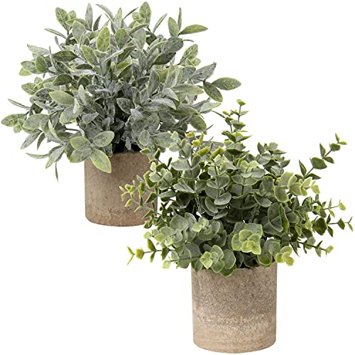 Briful Artificial Potted Plants Set of 2 Small Faux Plant Eucalyptus Mini Fake Plant Decor for Home Table Office Room Desk Bathroom Shelf Kitchen Rustic - color: 2-grey