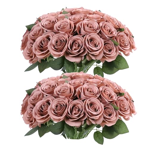 52pcs Dusty Rose Roses Artificial Flowers Fake Flowers Silk Roses with Stems for Wedding Party Bouquets Bridal Shower Centerpieces Floral Arrangements Party Decorations - color: Dusty Rose
