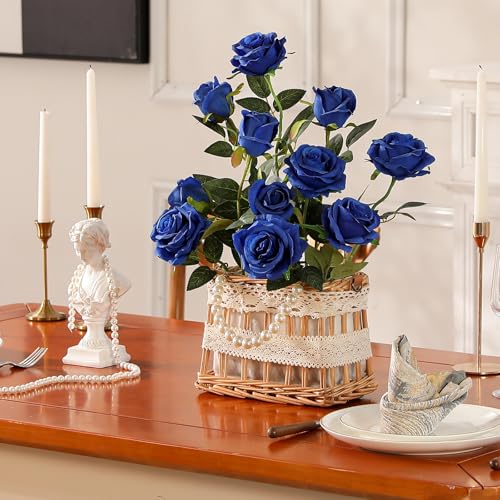 Blue Fake Roses Artificial Flowers - 10 Pcs Fake Artificial Roses Silk Flowers with Stems for Home Wedding Hotel Office Centerpiece Decor（Navy Blue） - color: Navy Blue, size: 10 Pcs
