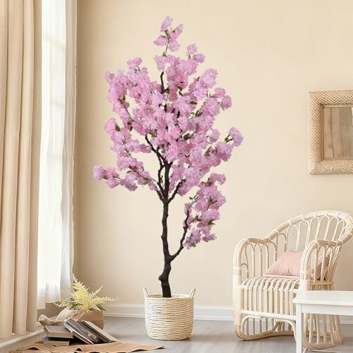 Artificial Pink Cherry Blossom Tree 7ft(84in) Tall Fake Silk Leaves Indoor Decor Handmade Lifelike Sakura Tree for Wedding Realistic Cherry Plant in Pot for Home Living Room,Office,Outdoor Decor - color: Cherry Blossom(pink 8), size: 7ft