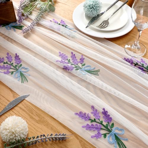 Lavender Floral Table Runner 29.5 x 118 Inch Embroidery Wildflower Tulle Table Runner Summer Gauze Home Decor for Wedding Birthday Baby Shower Party Dining Decor DIY - style: Lavender