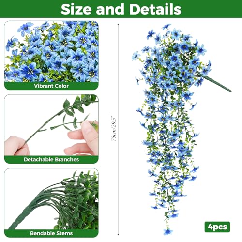 Roberly 4 Pcs Artificial Hanging Flowers for Outdoors, Realistic Faux Silk Flowers UV Resistant Fake Greenery Plants for Spring Summer Garden Porch Indoor Outdoor Home Decor, Blue - color: Blue