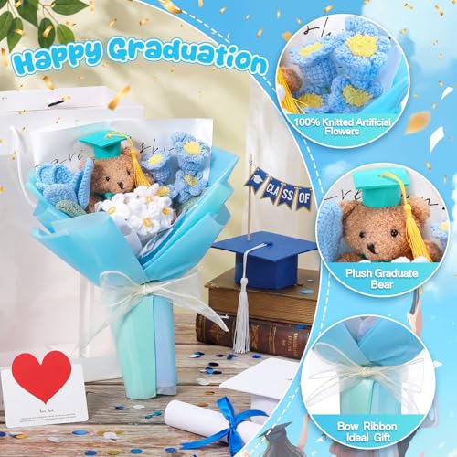 Graduation Crochet Flower Bouquet Set Includes Bear Knitted Tulips Forget-me-nots Lily of the Valley Greeting Card Gift Bag 2026 Blue Flower Bouquet Graduation Gift - color: Blue, style: Knitted Bear and Tulip