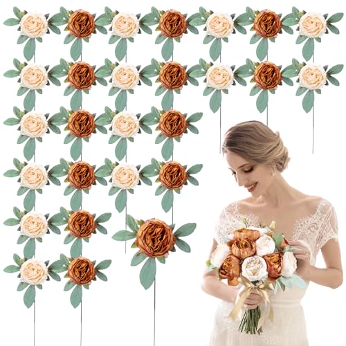 Zeyune 50pcs Artificial Peonies Flowers 4'' Fake Peonies DIY Craft Silk Flower Bulk for Home Wedding Bridal Bouquet Birthday Dining Room Table Centerpieces Backdrop Party Decor(Orange and Milky White) - color: Orange and Milky White