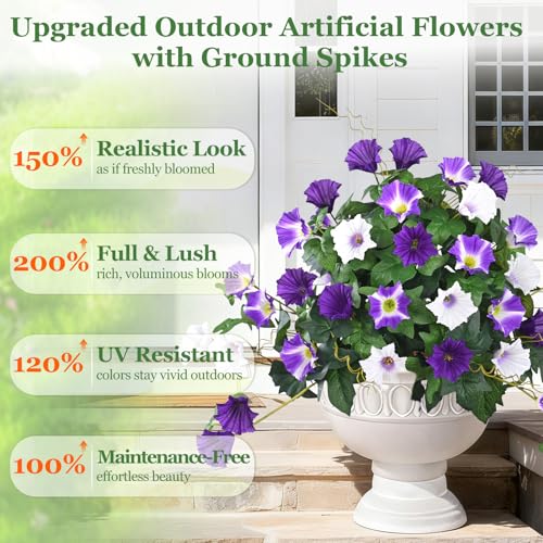 Elyum 2 Pack Artificial Flowers Topiary Ball Trees for Outdoors, 19.7" Lifelike Morning Glory Fake Bushes Plants, UV Resistant Fake Plants Faux Shrubs with Ground Spike for Porch Garden Decor (Purple) - color: Mixed Purple