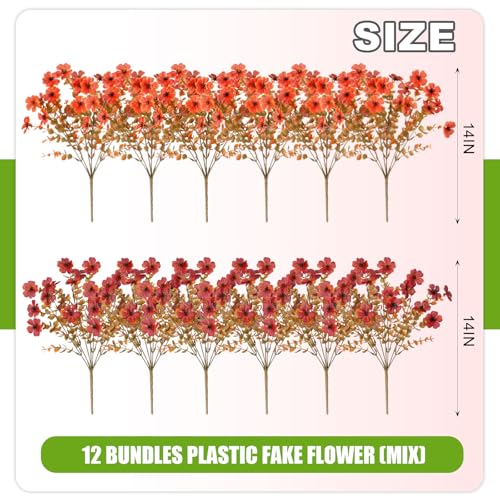 12 Bundles Fake Mums Fall Flowers Artificial for Outdoors Decoration Artificial Mums Faux Plants Daisy for Outdoor Outside Planters UV Resistant Violets for Fall Decor Home Porch Door Front Patio Yard - color: Z1-orange, Autumn Red