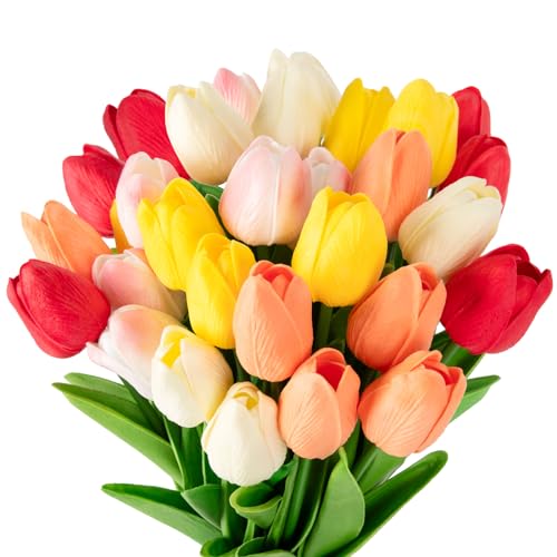 MACTING 30PCS Artificial Tulip Flowers 13.7" Real Touch Fake PU Tulips Bouquet Faux Flowers for Floral Arrangements Table Centerpiece Kitchen Indoor Outdoor Spring Summer Decor (Multi Colors-1) - color: Mix Color1