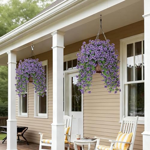 GLIDLION 4 PCS Artificial Morning Glory & Eucalyptus for Outside, Realistic Sun Resistant Fake Silk Hang Flower Faux Eucalyptus Leave for Patio Farmhouse Garden Porches Balcony Decor (Purple) - color: Purple