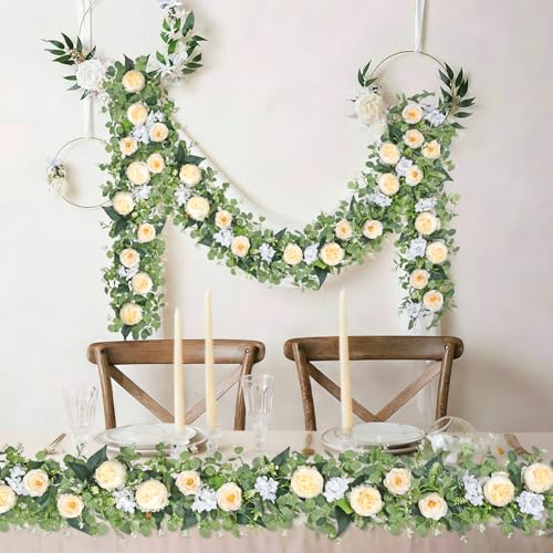 Betylifoy 2 Pack 6.2Ft Champagne Flower Garland Artificial Eucalyptus Flower Garlands Fake Peony Rose Floral Vines Hanging Hydrangea Flower Faux Greenery Garland for Wedding Party Table Backdrop Decor - color: Champagne