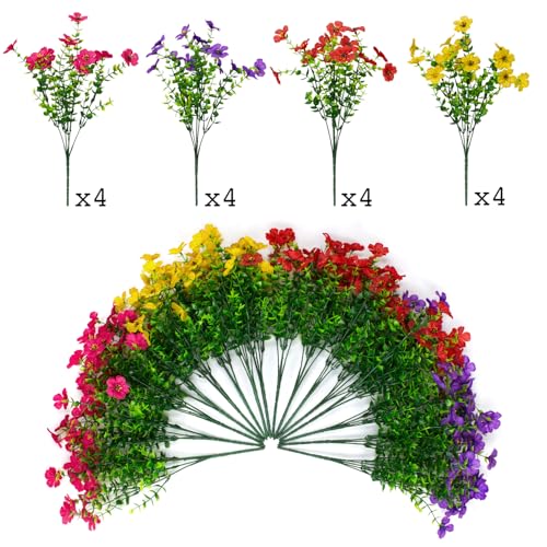 16 Bundles Artificial Flowers Outdoor Spring Summer Decoration Fake Silk Colorful Daisy Eucalyptus Realistic UV Outside Faux Plants for Garden Porch Window Box Home Decor(Red Yellow Pink Purple) - color: Mixed Color(red Yellow Pink Purple)